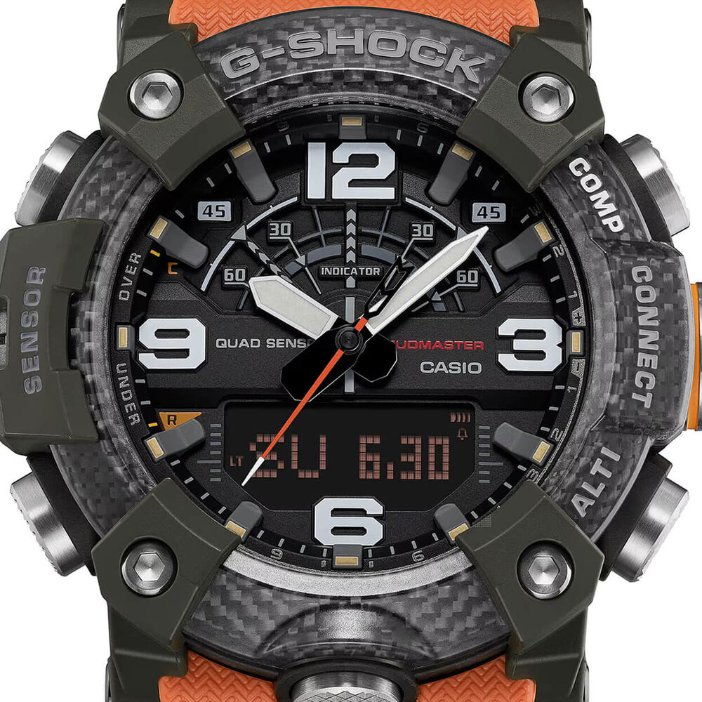 G-SHOCK Master of G Mudmaster 55.4mm Carbon Fibre Bezel & Orange Resin Strap Watch