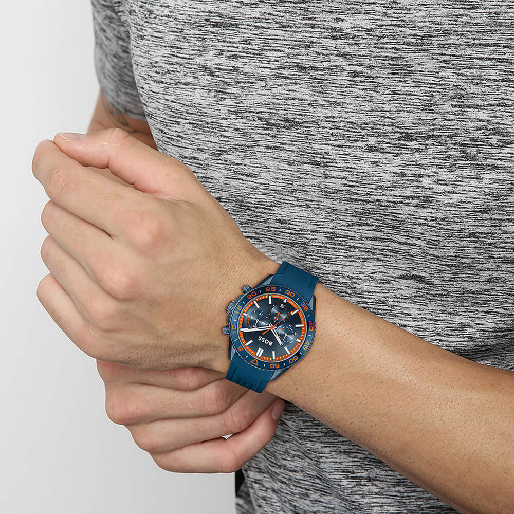 BOSS Runner Chronograph 44mm Blue Dial Silicone Strap Watch image number 3
