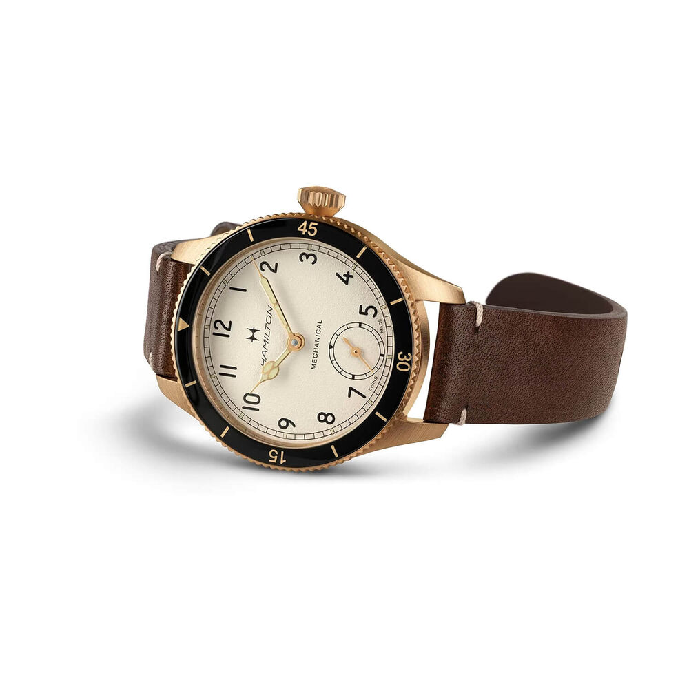 Khaki Aviation Pilot Pioneer Mechanical Bronze 43mm White Dial Brown Leather Strap Watch image number 4