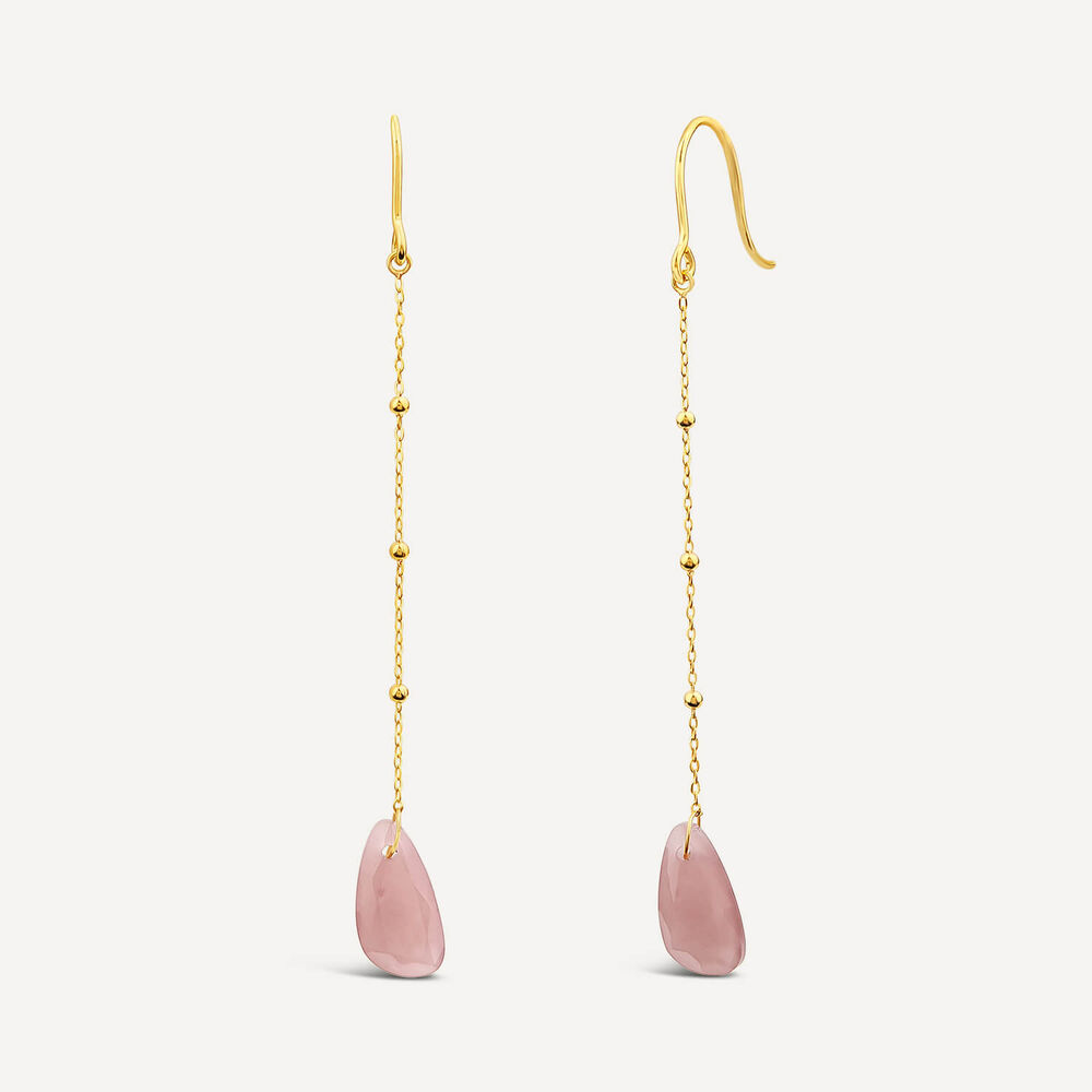 9ct Yellow Gold Bead Chain Peach Chalcedony Pebble Drop Earrings image number 1