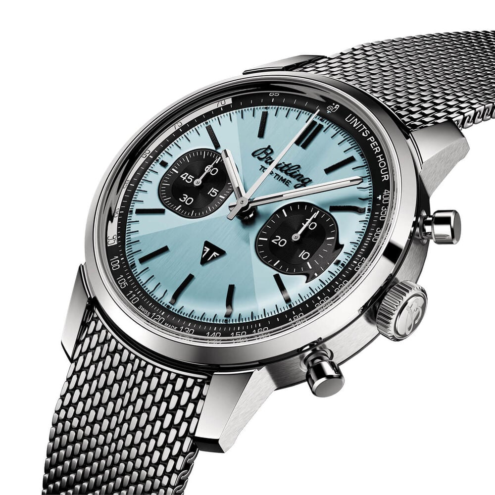 Breitling Top Time B01 Triumph 41mm Blue & Black Chrono Dial Steel Bracelet Watch
