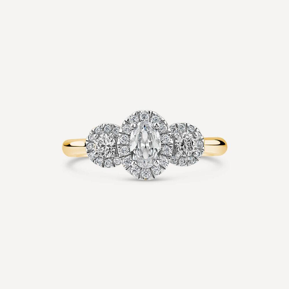 Orchid Setting 18ct Yellow Gold 0.75ct 3 Stone Oval Centre Halo Diamond Engagement Ring