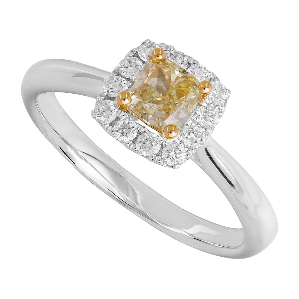 18ct white gold 0.68 carat cushion cut yellow diamond halo ring