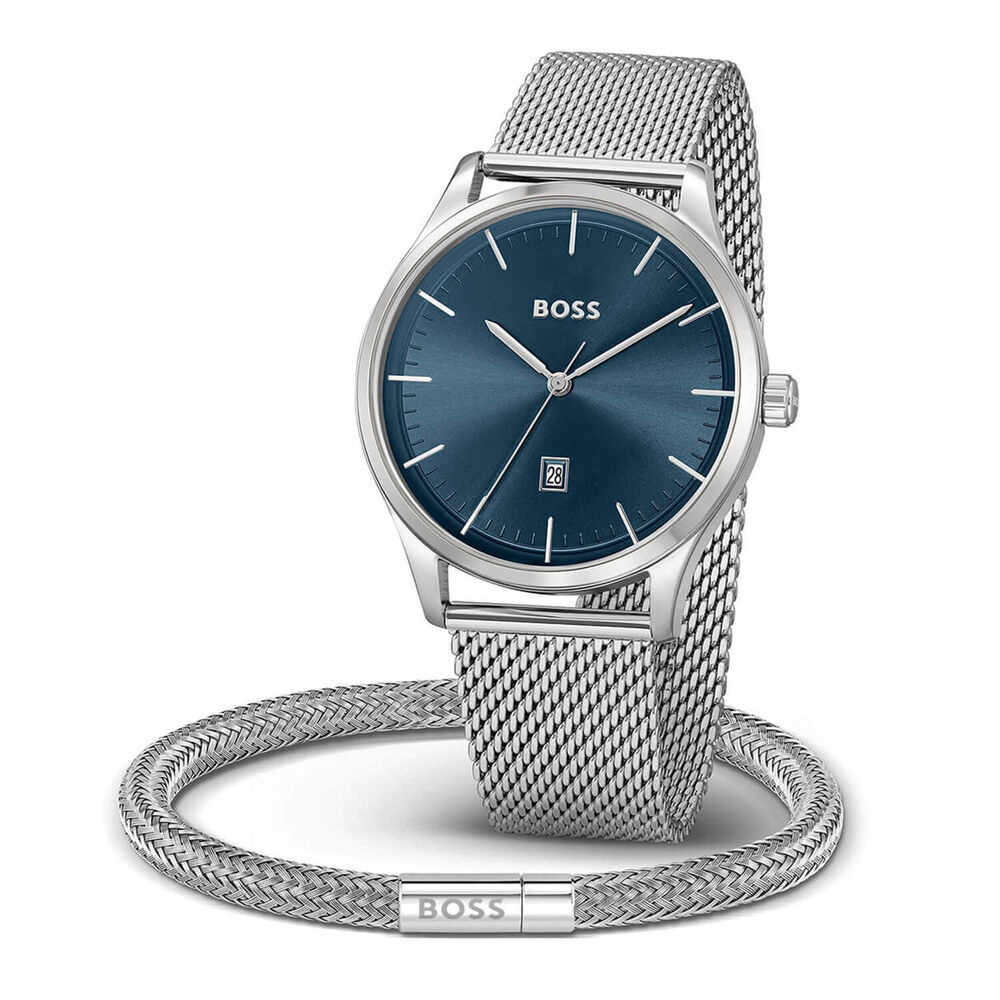 BOSS Reason 43mm Blue Dial Stainless Steel Mesh Bracelet Watch & Bracelet Set image number 4