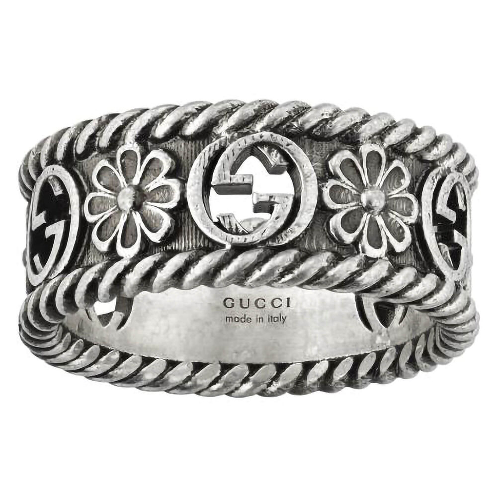 Gucci Interlocking G 8.5mm Floral Silver Ring (UK Size M-N)