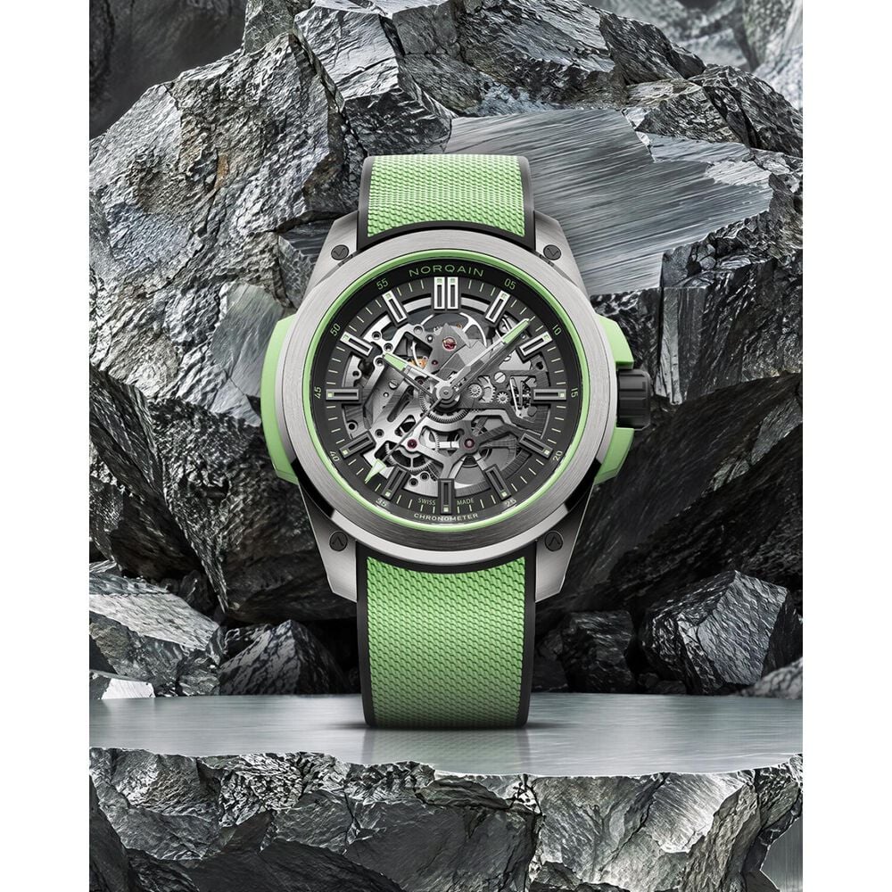 NORQAIN Wild ONE Skeleton 42mm Dial Mint Mesh Rubber Strap Watch