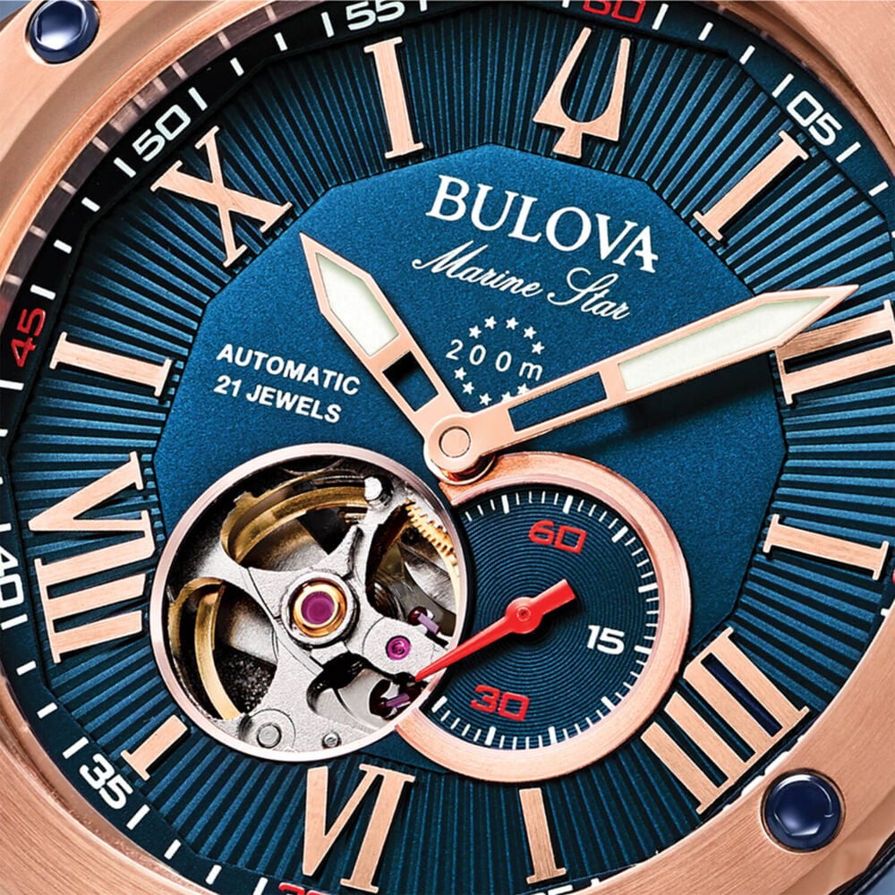 Bulova Marine Star Series A Automatic 45mm Blue Dial Rose Gold Tone Case Silicone Strap Watch image number 4