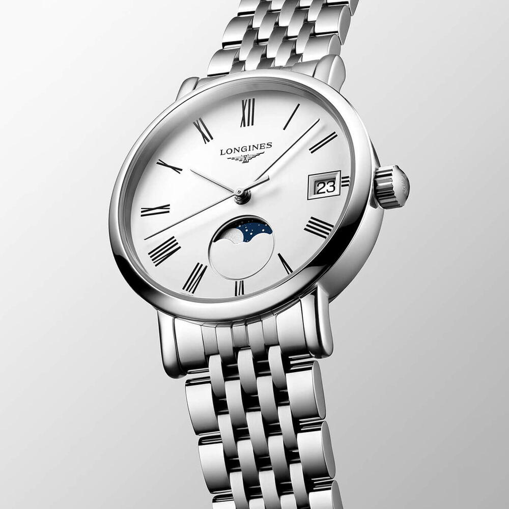 Longines Elegant 30mm White Dial Moonphase Steel Bracelet Watch image number 1