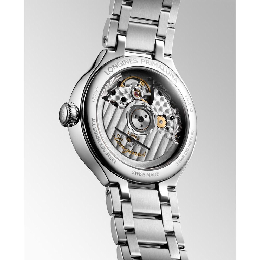 Longines Elegance Primaluna 34mm Moonphase Silver Dial Diamond Bezel Steel Bracelet Watch image number 4