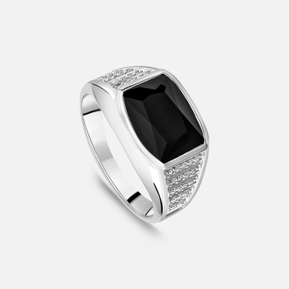 Sterling Silver Square Onyx 0.18ct Lab Grown Diamond Sides Ring