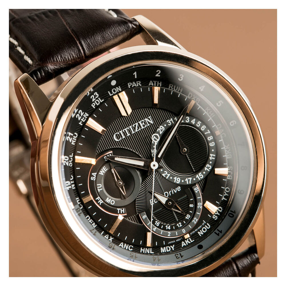Citizen Eco-Drive Calendrier chronograph brown leather strap watch image number 1