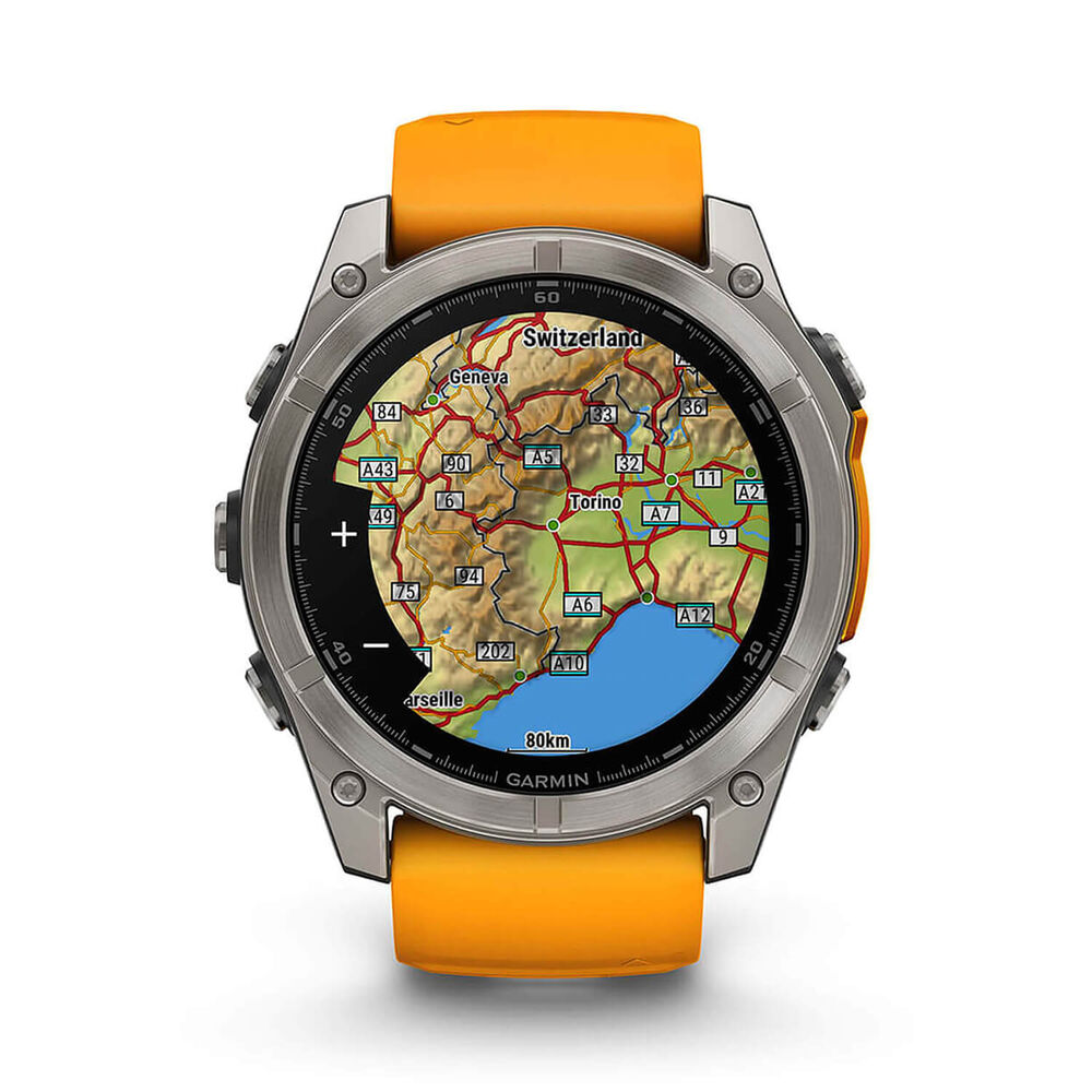 Garmin fenix® 8 AMOLED Sapphire 51mm Titanium Case Spark Orange Graphite Silicon Strap Watch image number 7