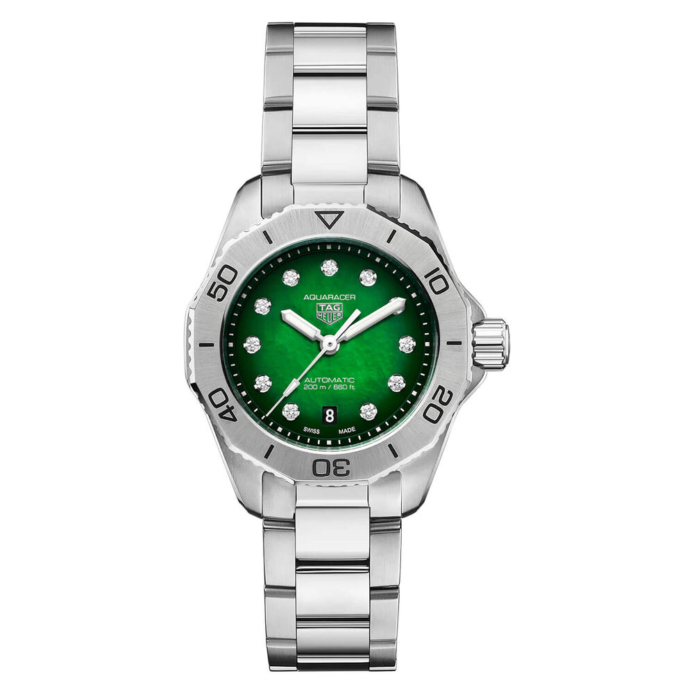 TAG Heuer Aquaracer Professional 200 Date 30mm Green Dial Diamond Dots Steel Bracelet Watch image number 0