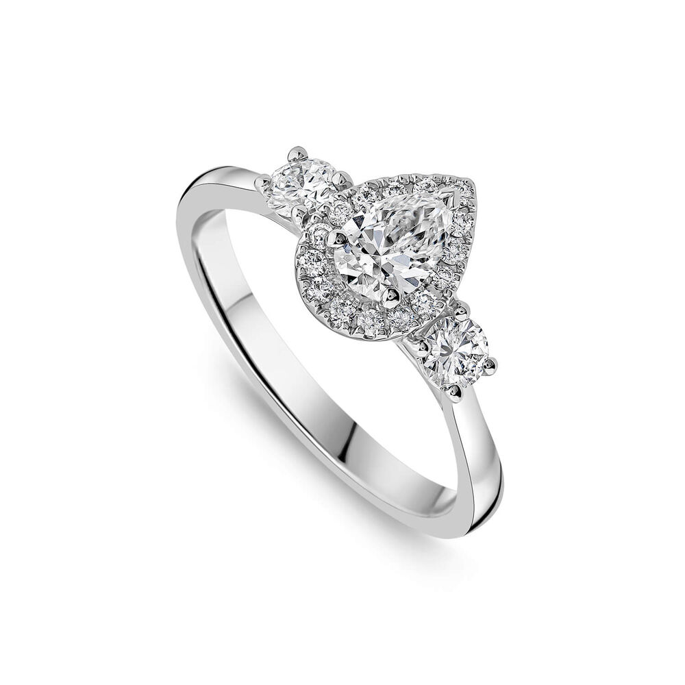 Platinum 0.72ct Pear Halo & 2 Side Stones Diamond Engagement Ring image number 0