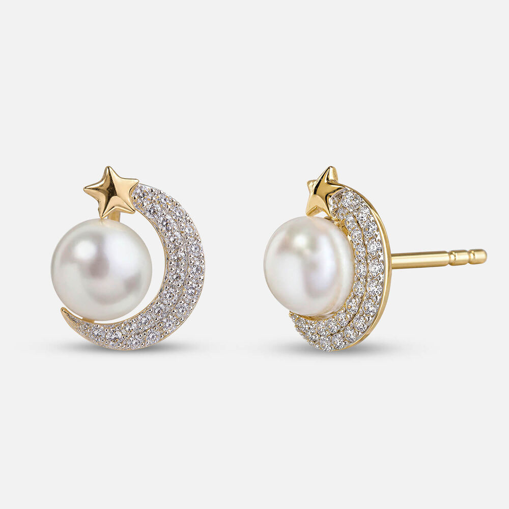 9ct Freshwater Pearl 0.13ct Pave Diamond Crescent Moon & Star Stud Earrings