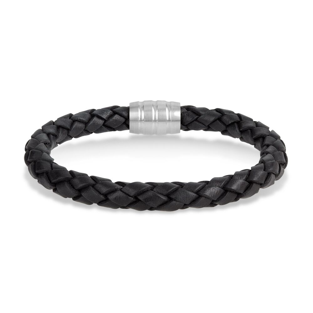 Steel & Wide Black Plaited Leather Men's Bracelet