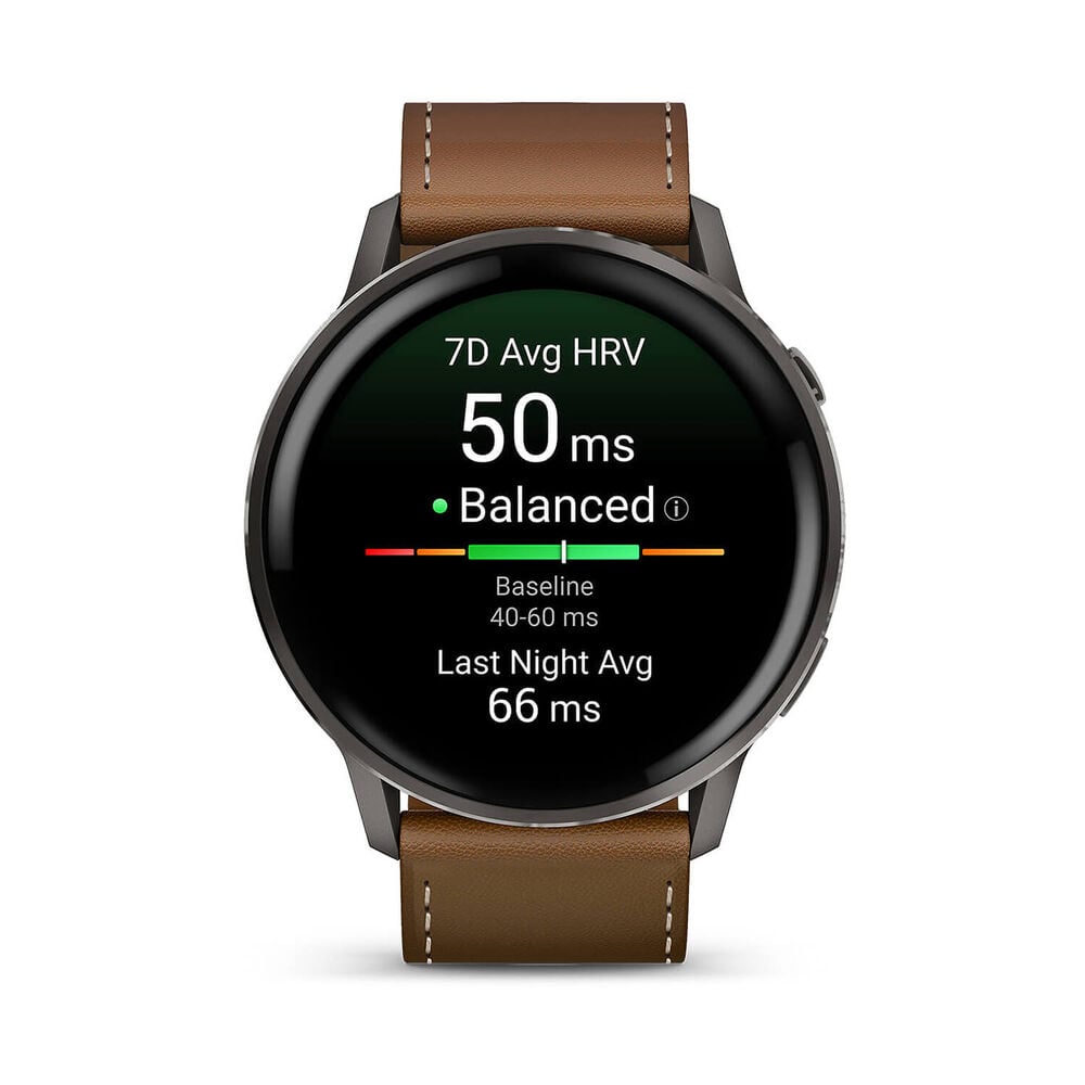 Garmin Venu 4 45mm Black Bezel Dark Brown Leather Strap Watch image number 1