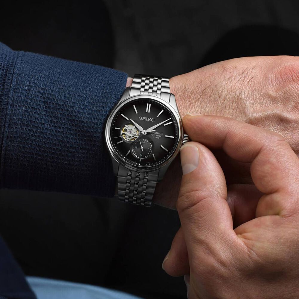 Seiko Presage Classic Series 'Sumi-iro' Open Heart 40mm Black Dial Steel Bracelet Watch image number 4