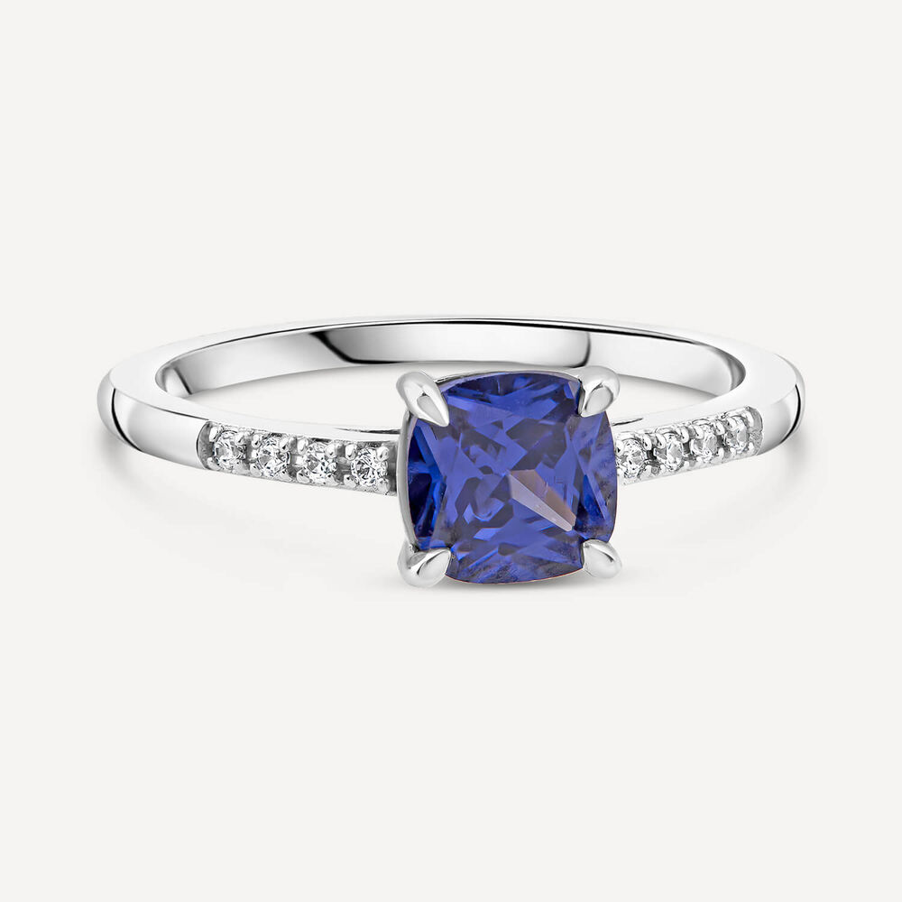 Platinum Emerald Cut Tanzanite Centre & Diamond Set Shoulders Ring image number 2