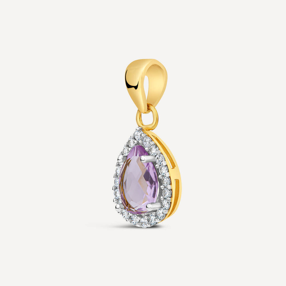 9ct Yellow Gold Pear Amethyst & Cubic Zirconia Pendant (Chain Included)