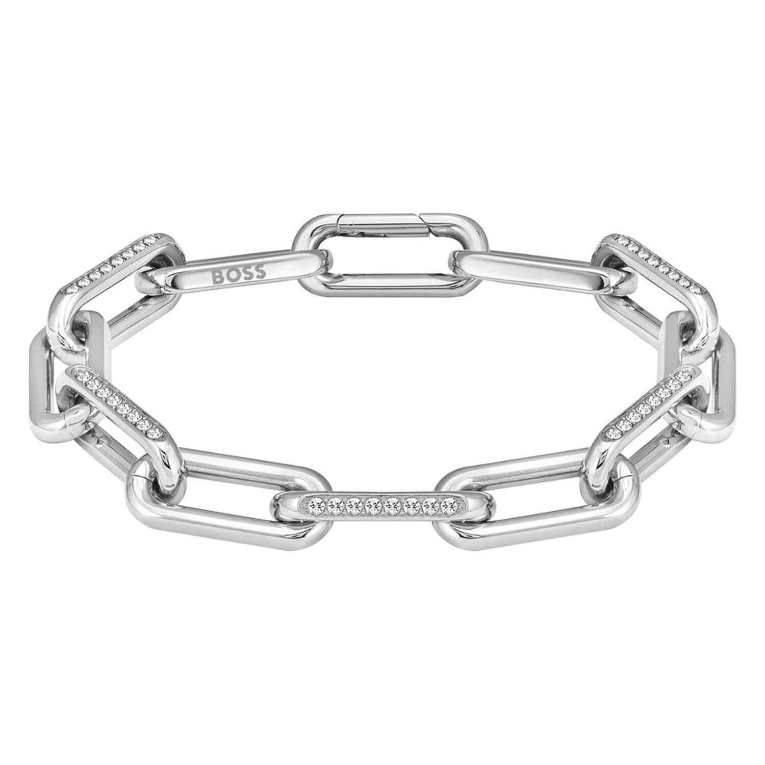 BOSS Crystal Set Silver Link Stainless Steel Bracelet