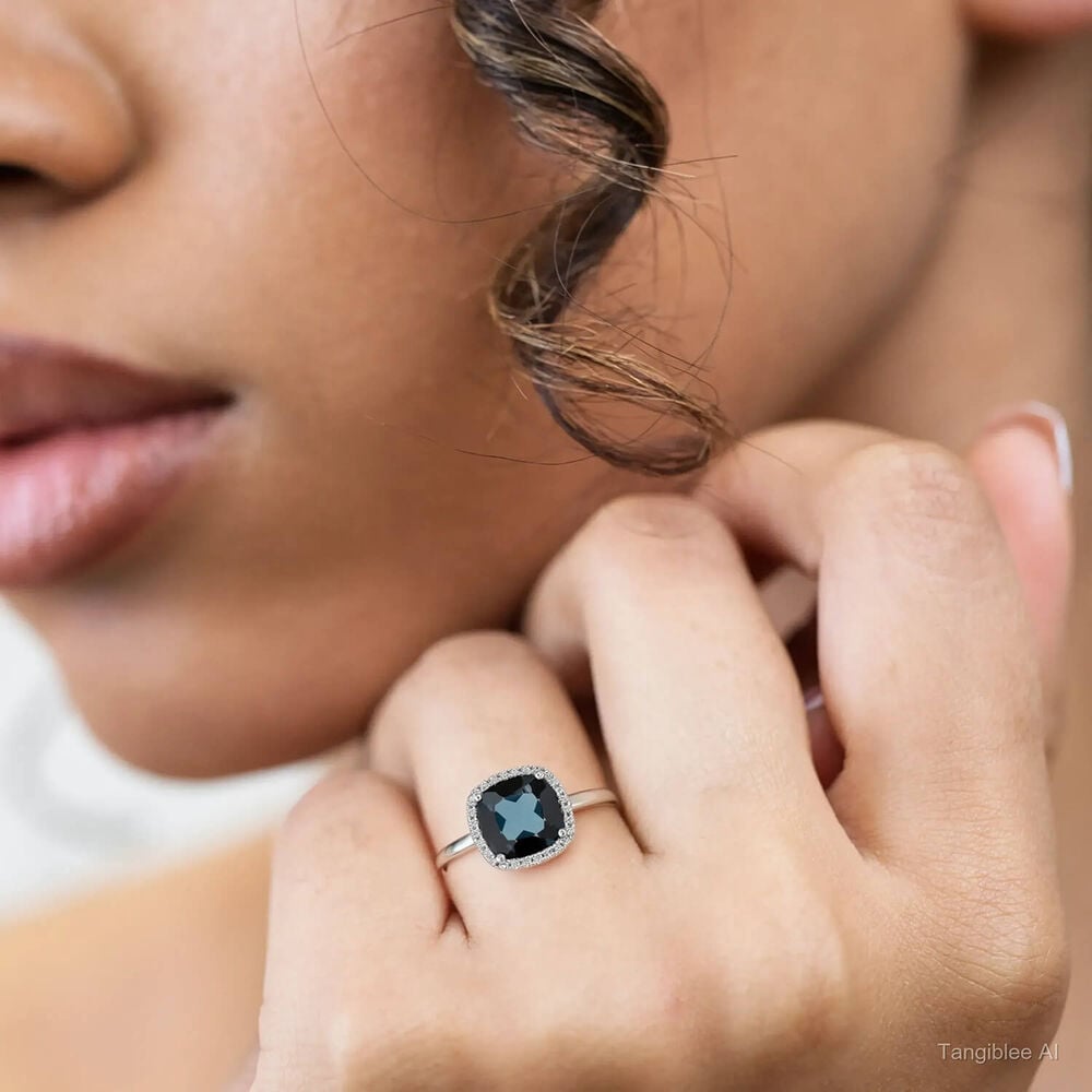 9ct White Gold Cushion London Blue Topaz Diamond Halo Ring