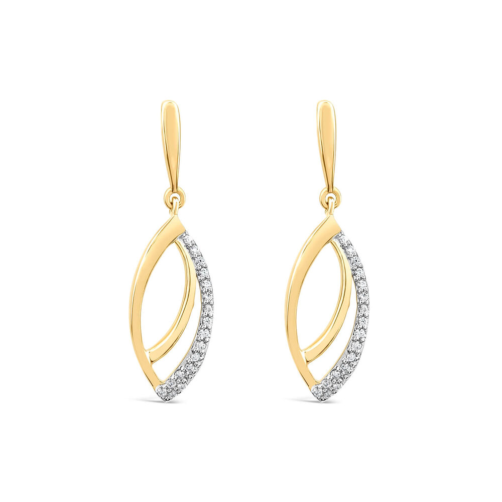 9ct Yellow & White Gold 0.10ct Diamond Set Navette Shaped Drop Earrings image number 0