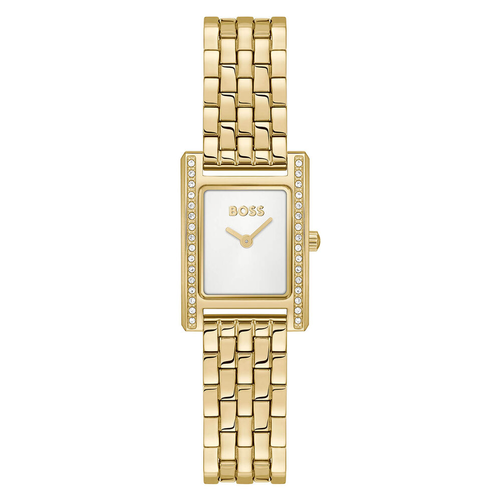 BOSS Lucy Precious 18x28mm Rectangular Silver Dial Crystal Bezel Gold Tone Steel Bracelet Watch image number 0
