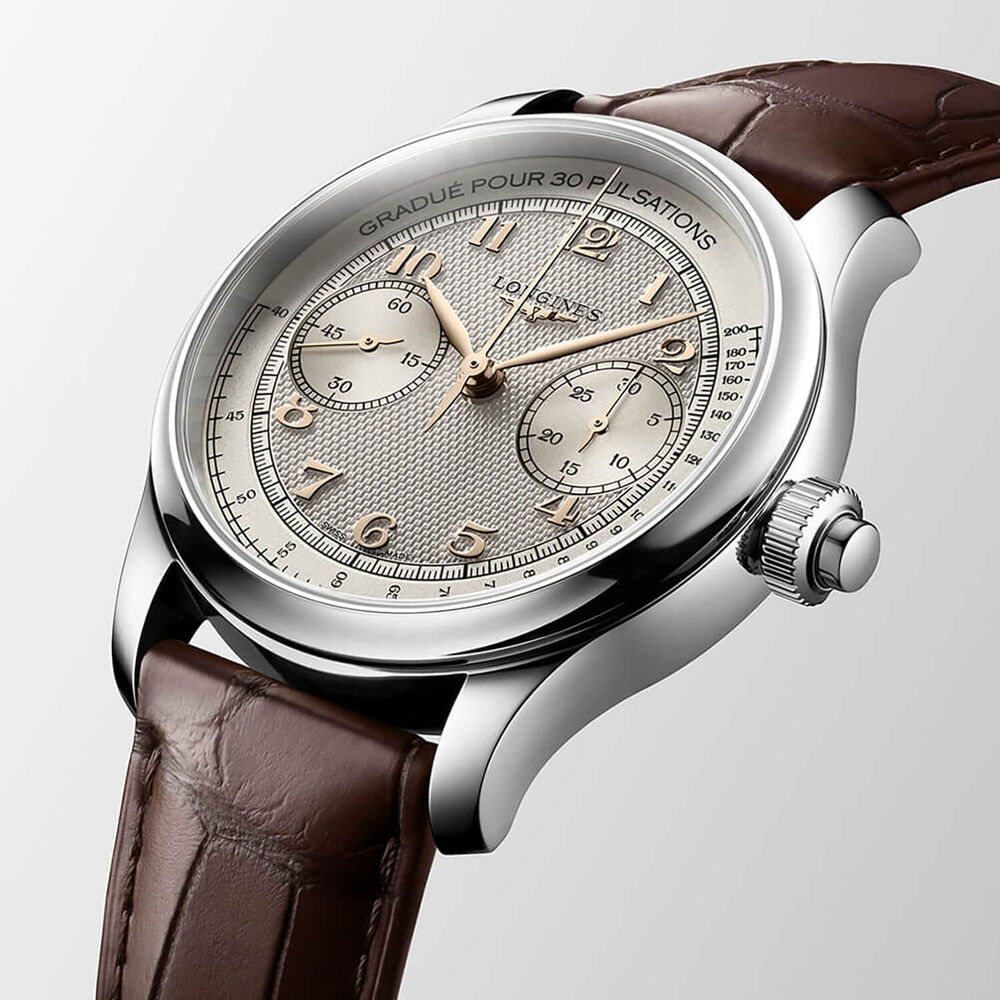 Longines Master Collection Chrono Moonphase 41mm Silver Barleycorn Dial Leather Strap Watch