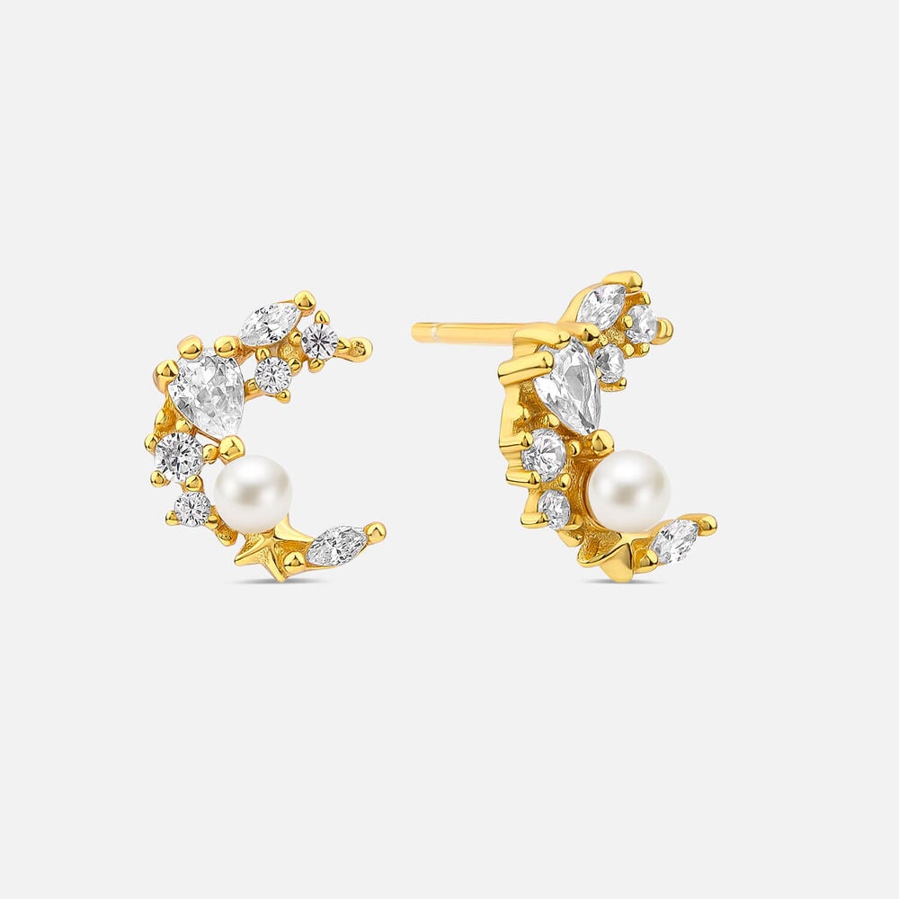 Yellow Gold Plated Vermeil Sterling Silver Cubic Zirconia & Pearl Half Moon Earrings