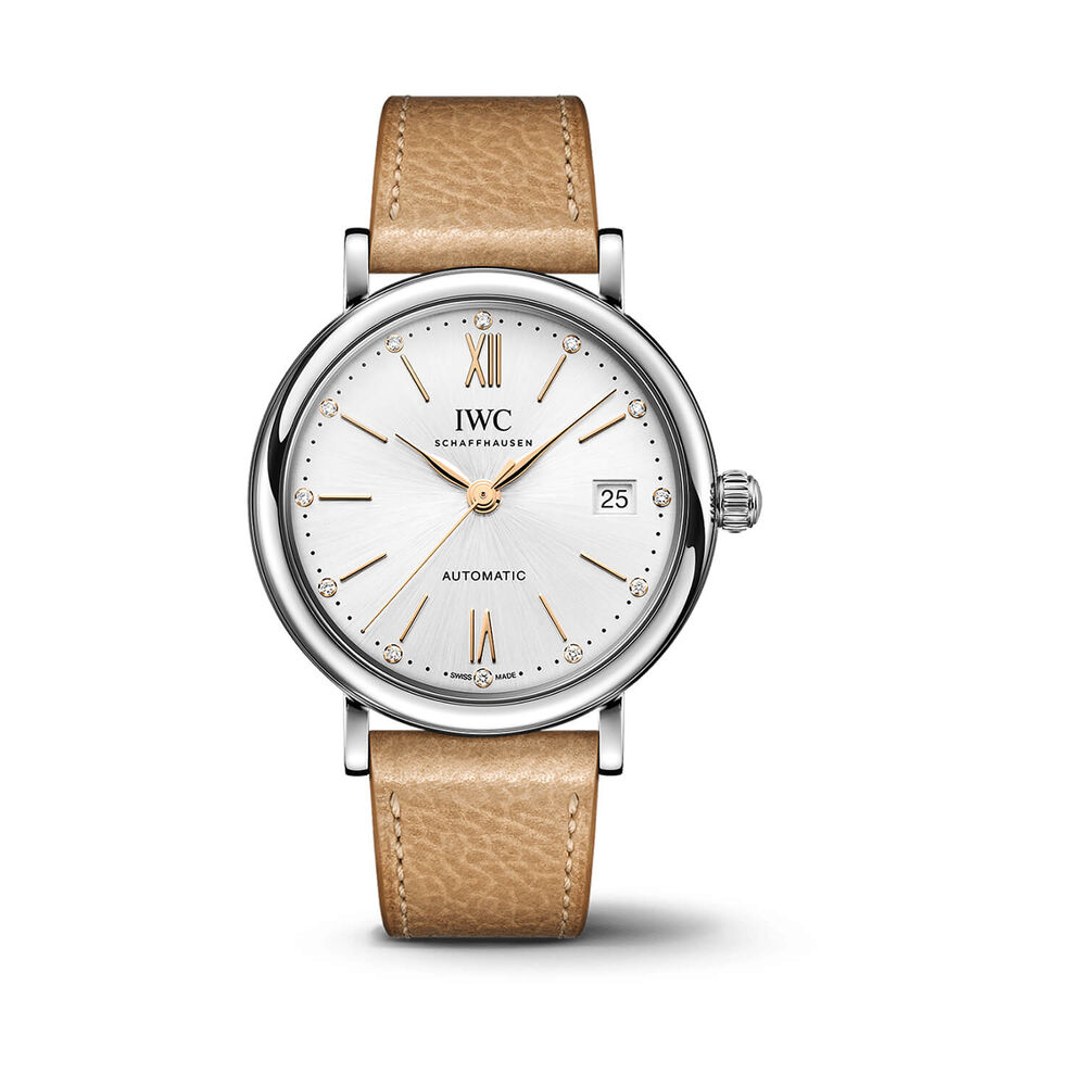IWC Schaffhausen Portofino Automatic 37mm White Dial Beige Leather Strap Watch image number 0