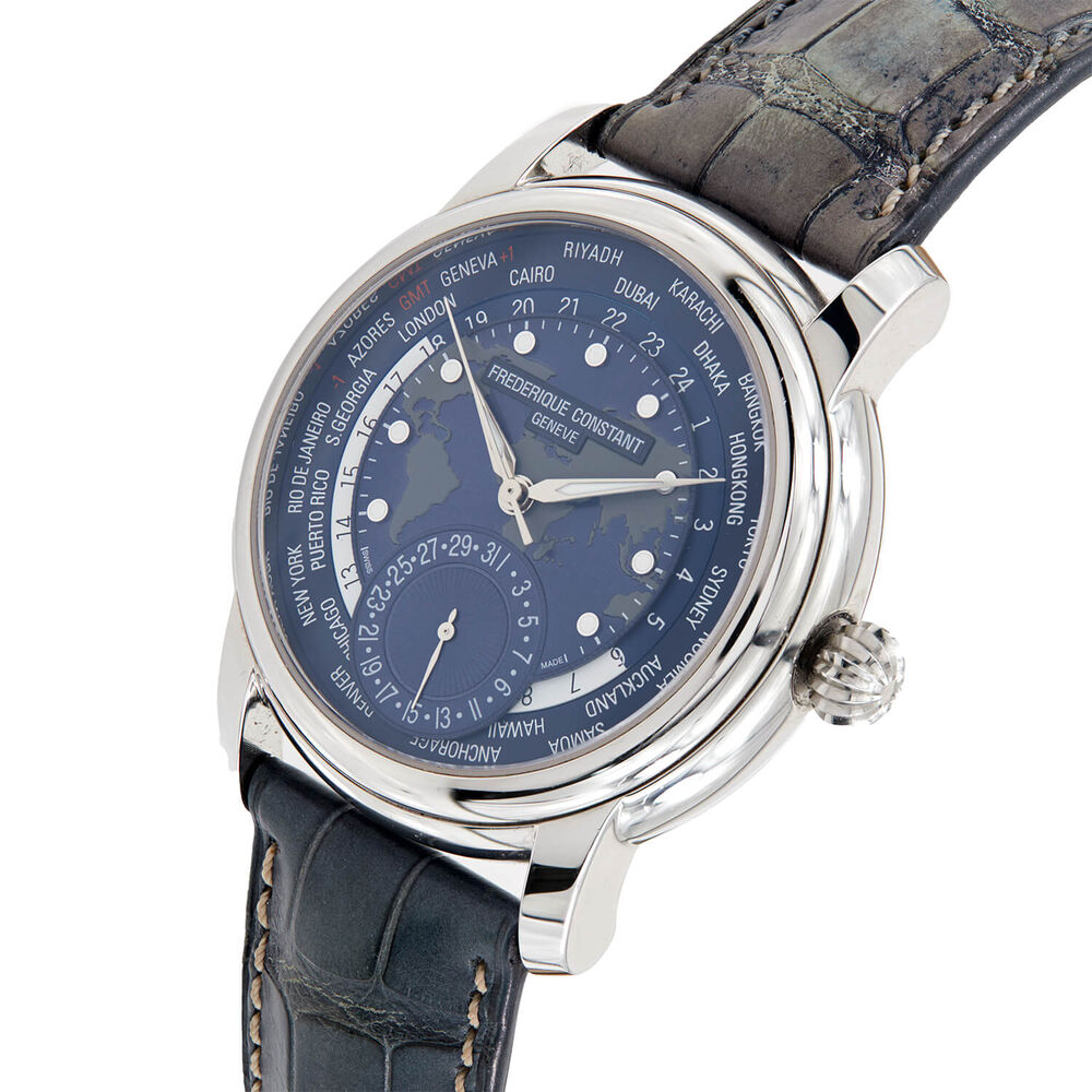 Pre-Owned Frederique Constant Classics Worldtimer 42mm Blue Dial Leather Strap Watch