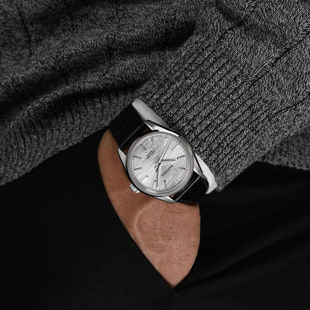 Grand Seiko Evolution 9 'Birch Bark' Titanium Hi-Beat 38.6mm Silver Dial Leather Strap Watch