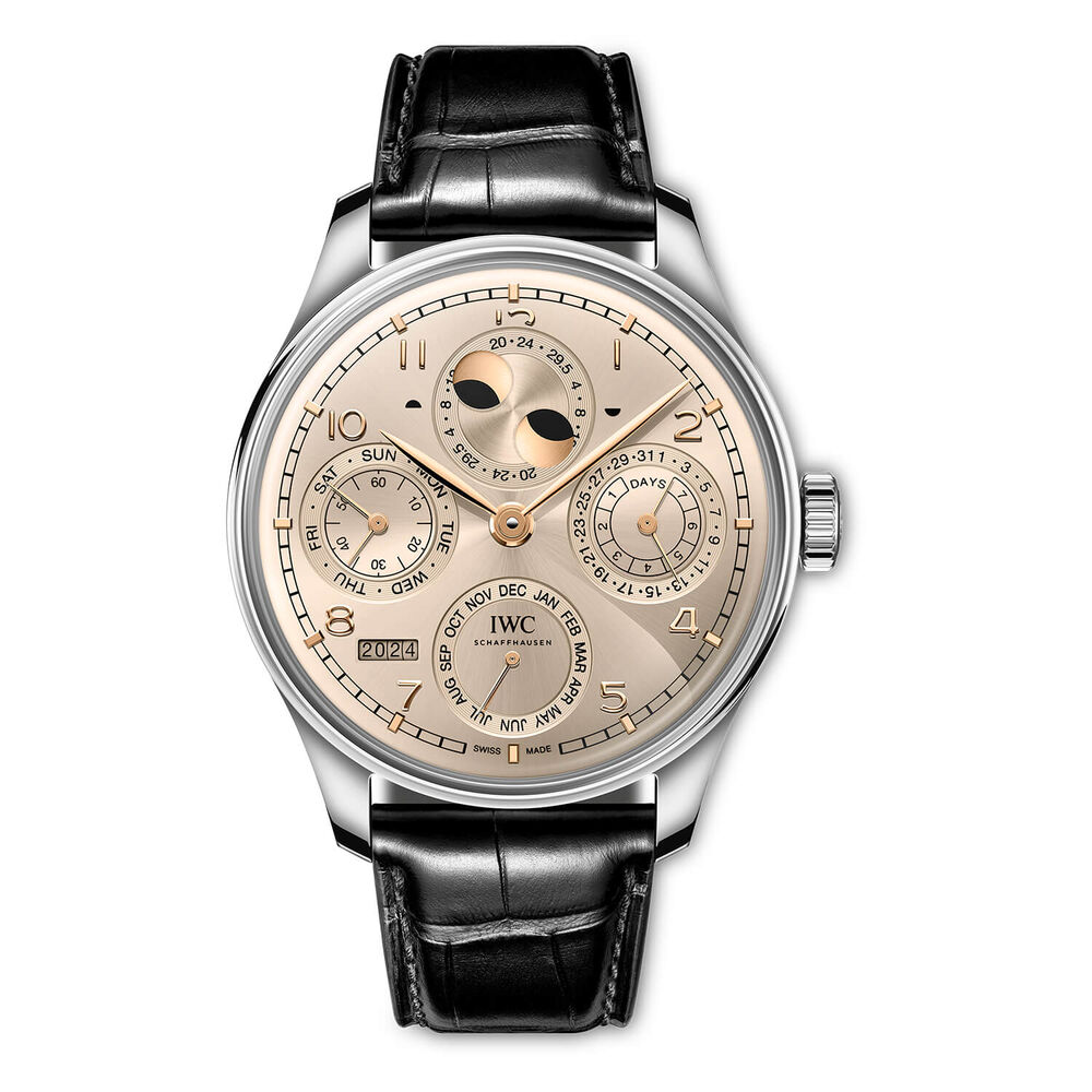 IWC Schaffhausen Portugieser Perpetual Calendar 44 Dune Dial Black Leather Strap Watch