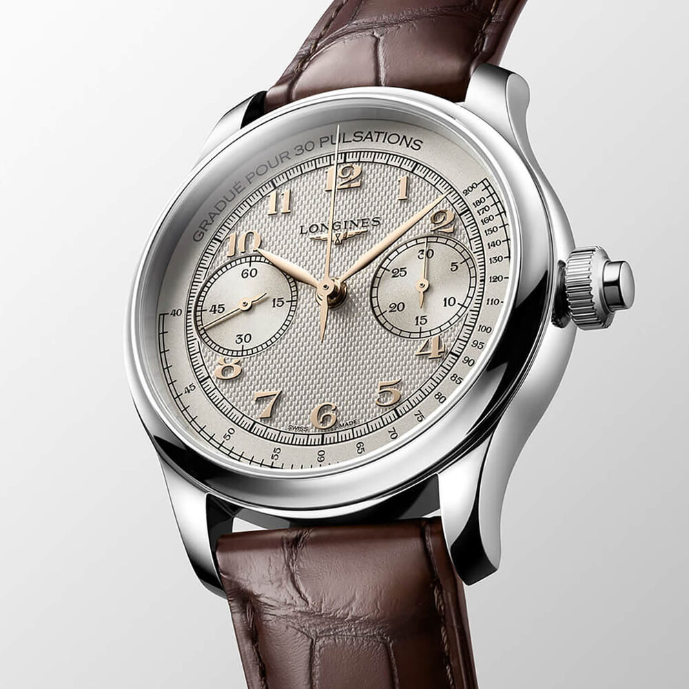 Longines Master Collection Chrono Moonphase 41mm Silver Barleycorn Dial Leather Strap Watch