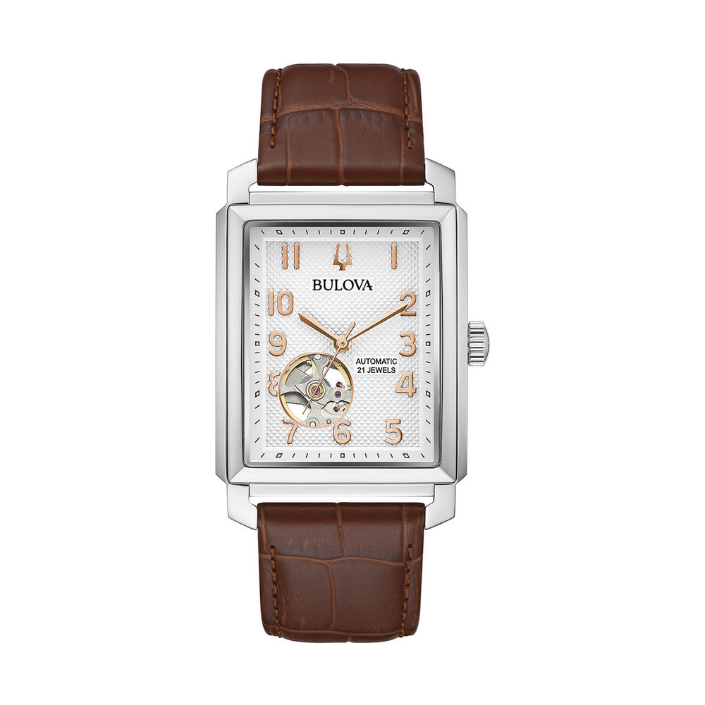 Bulova Sutton Automatic 49x33mm White Dial Brown Leather Strap Watch image number 0