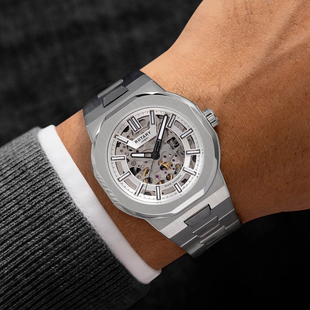 Rotary Regent Skeleton Automatic 43mm Silver Dial Stainless Steel Bracelet Watch