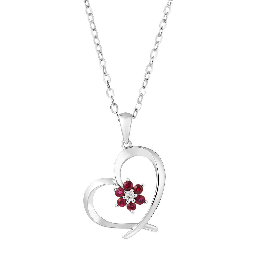 9ct white gold ruby and diamond heart pendant