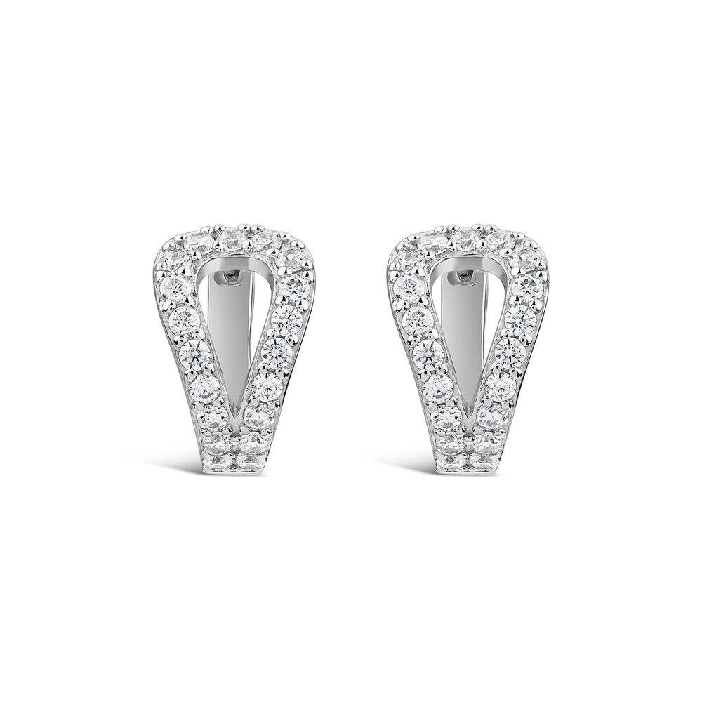 Sterling Silver Cubic Zirconia Opened Tear Shaped Hoop Earrings