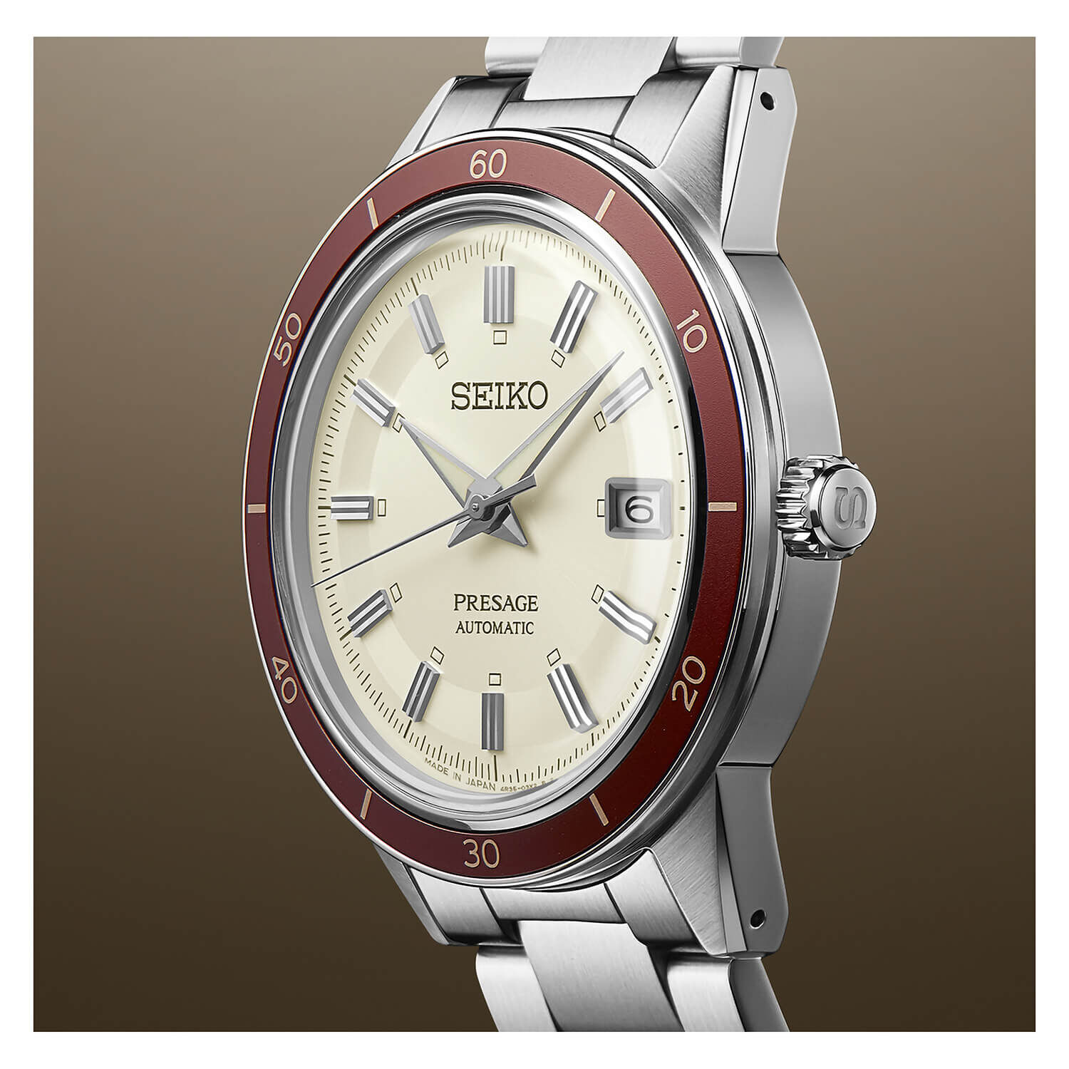 Seiko Presage Style 60 s 40.8mm Cream Dial Red Bezel Watch at