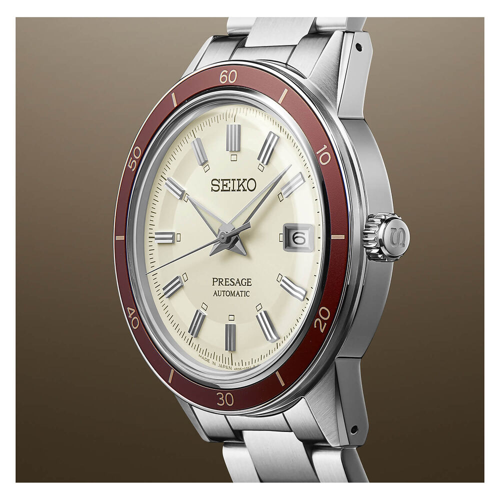 Seiko Presage Style 60's 40.8mm Cream Dial Red Bezel Watch image number 1