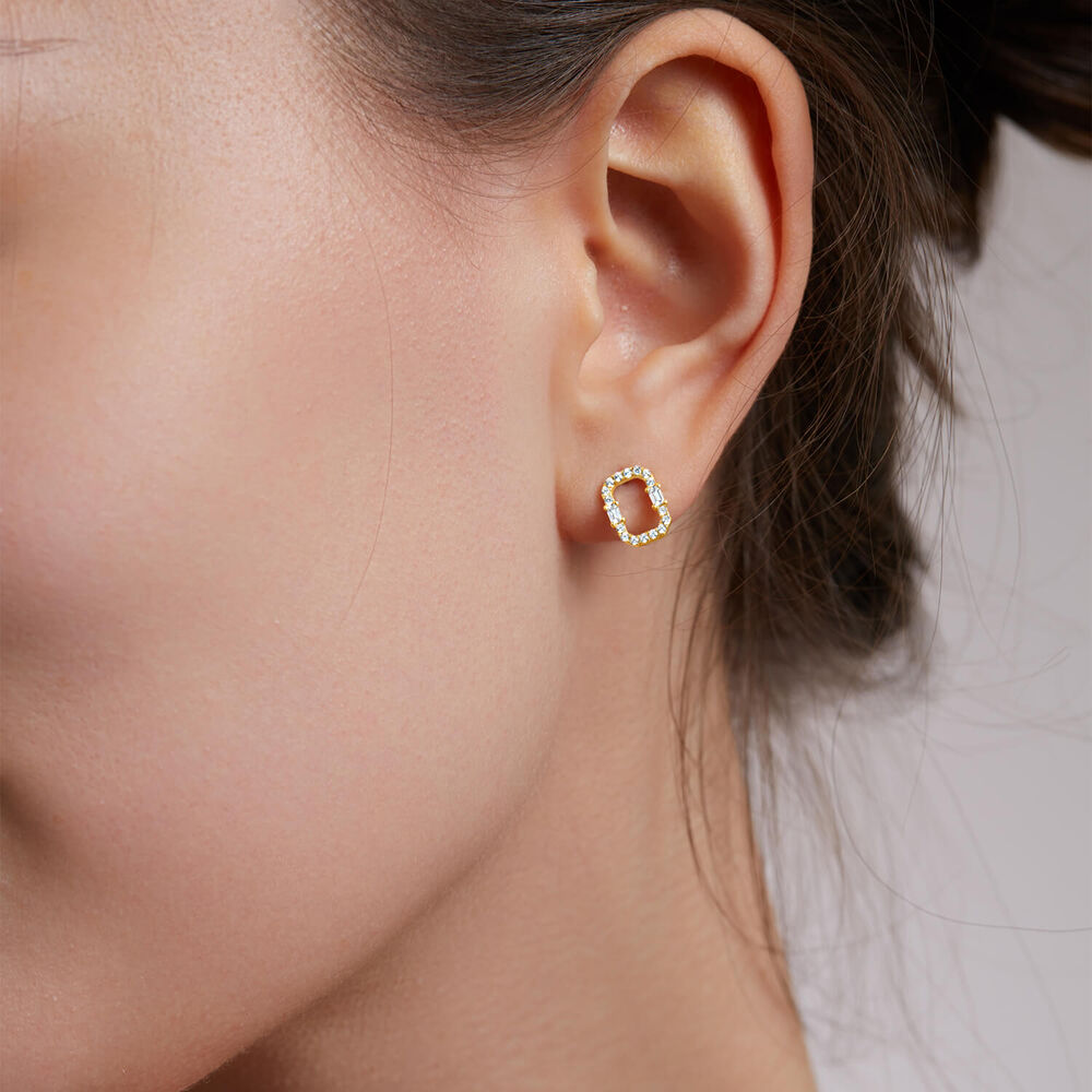 9ct Yellow Gold Open Rectangular Baguette & Round Cubic Zirconia Stud Earrings image number 2
