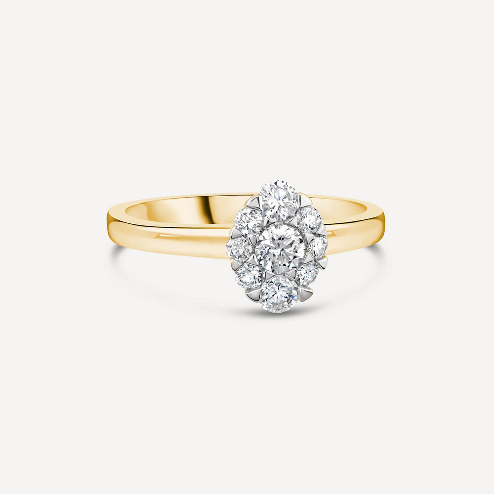 18ct Yellow Gold 0.57ct Oval Cluster Diamond Polished Band Engagement Ring image number 3