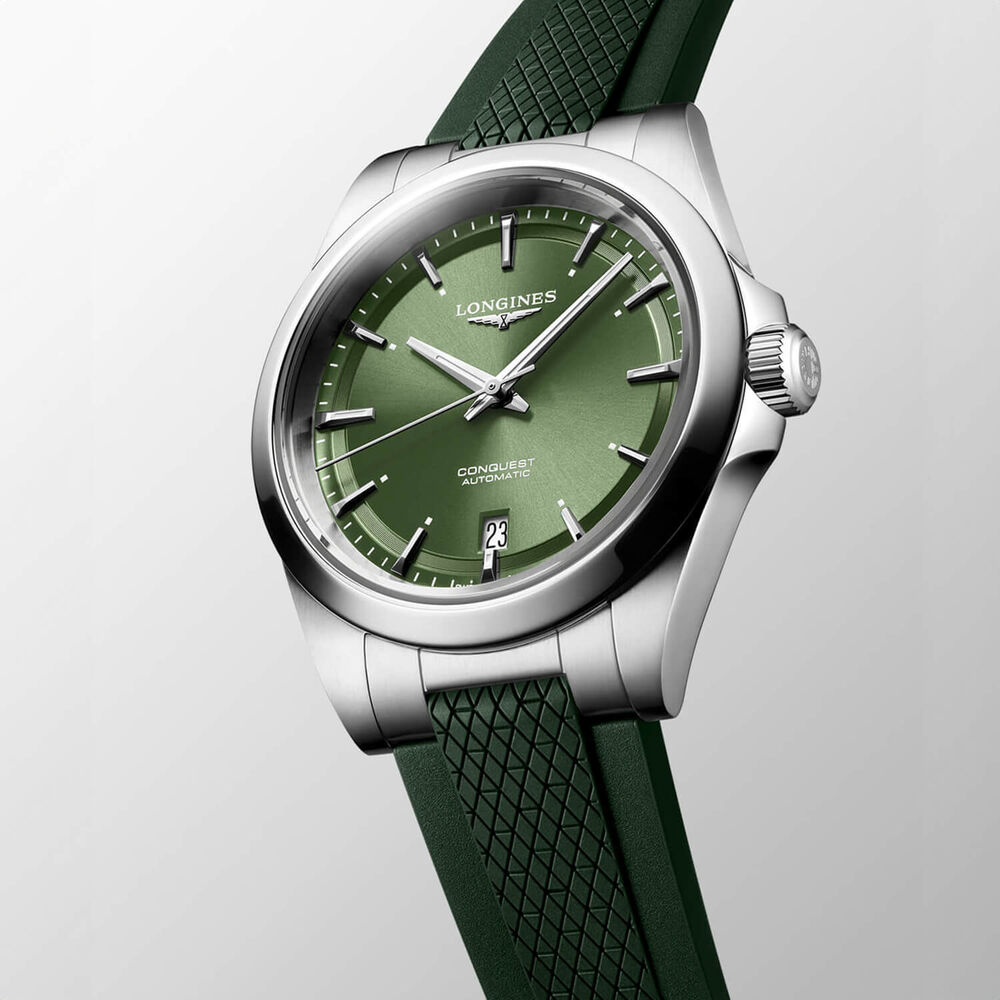 Longines Conquest 38mm Green Dial Green Rubber Strap Watch