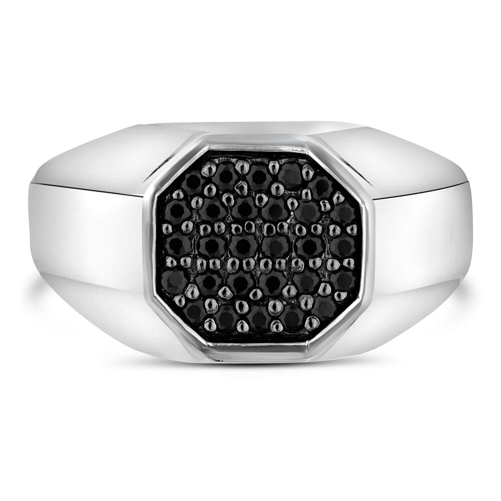 Gents Silver Cubic Zirconia Black Hexagon Signet Ring