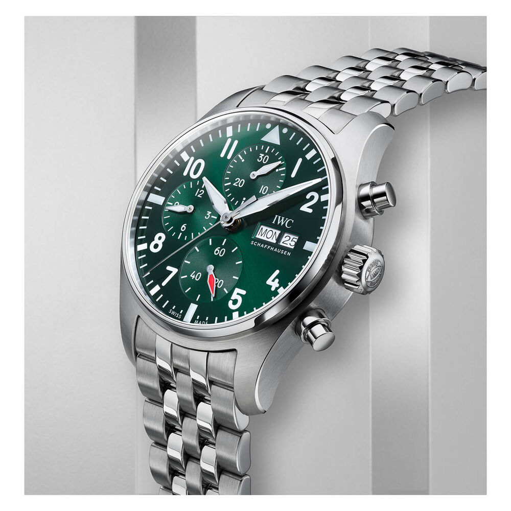 IWC Schaffhausen Pilot's Chronograph 41 Green Dial Steel Case Bracelet Watch image number 3