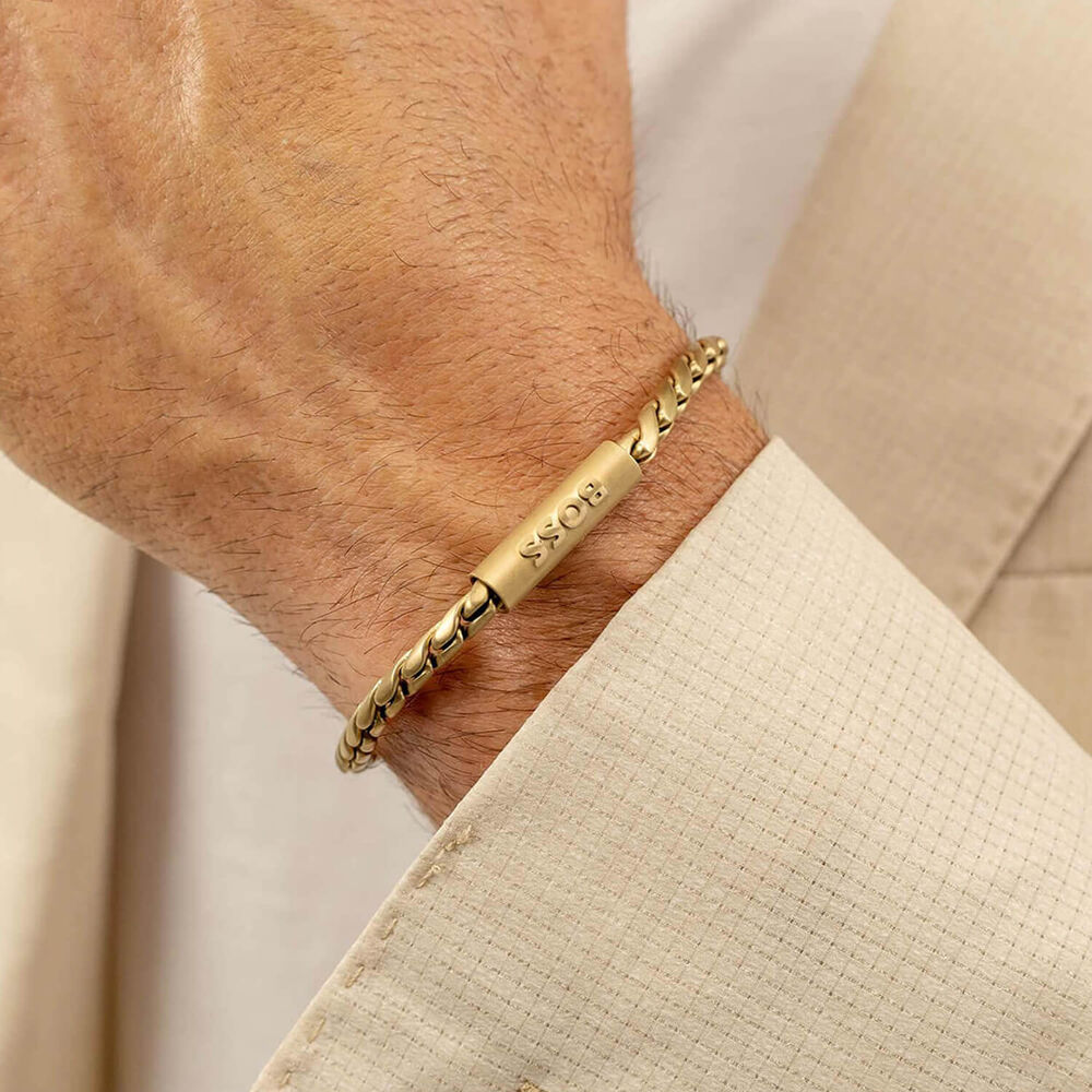 BOSS Doran Gold Tone Steel Braided Chain Bracelet image number 3
