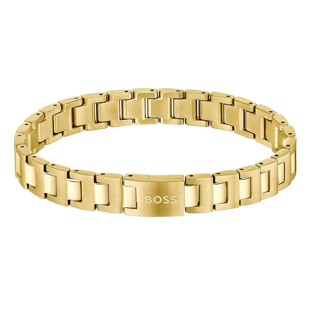 BOSS Candor Yellow Gold Plated Link Logo Closure Steel Bracelet image number 0