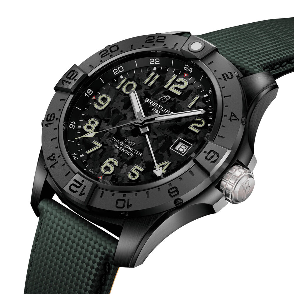 Breitling Avenger Automatic GMT Night Mission 44mm Black Dial Green Leather Strap Watch image number 1