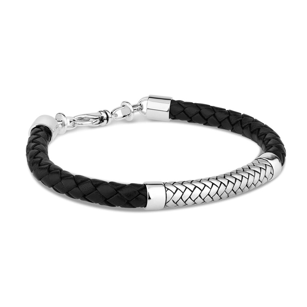 Gents Sterling Silver & Black Plaited Leather Bracelet image number 1